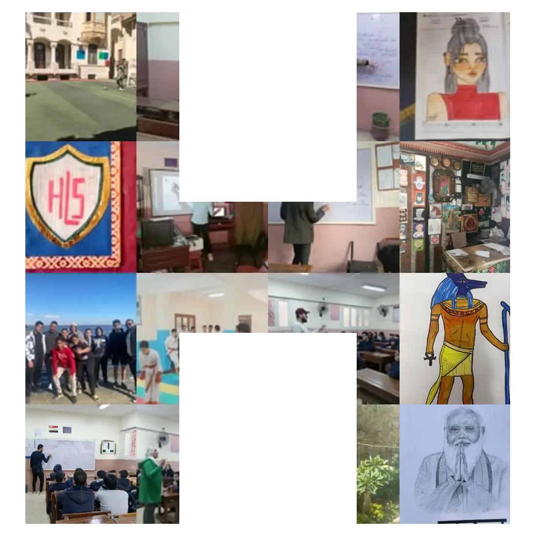 A collage of various images including indoor classes, outdoor group photo, drawings, and a shield with "HIS."