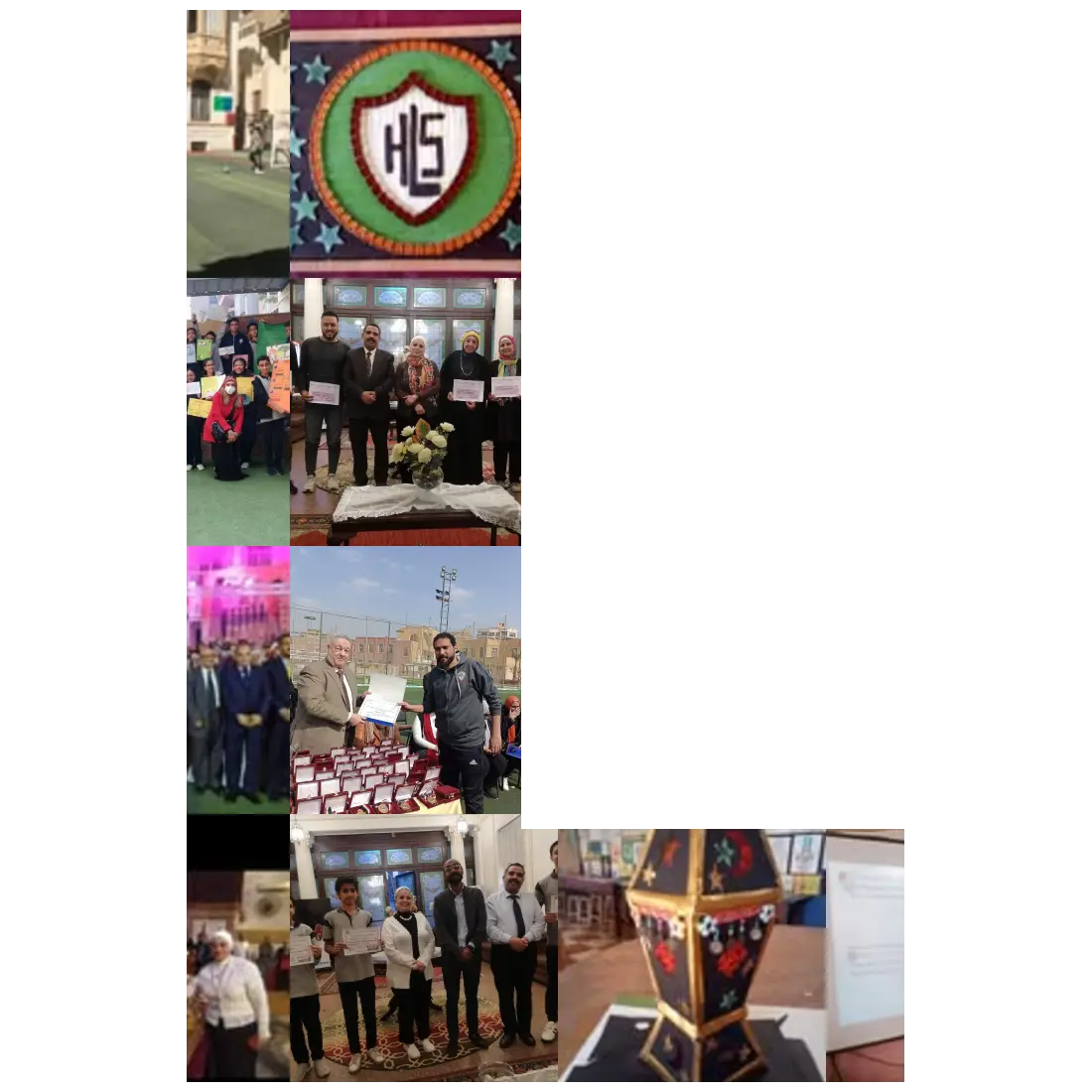 Collage of various group events, awards, and a logo embroidery.